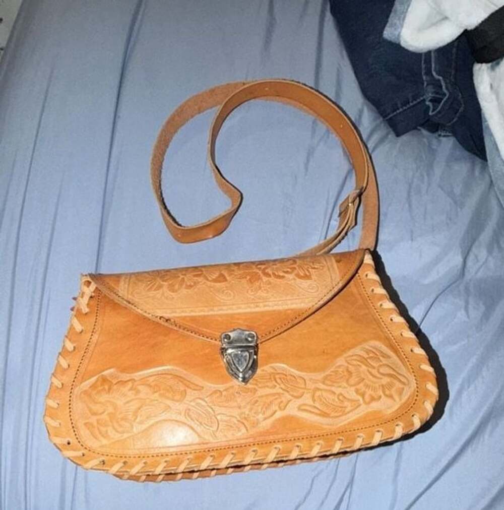 Vintage Hand Tooled Leather Crossbody Purse Tan Floral Whipstitch